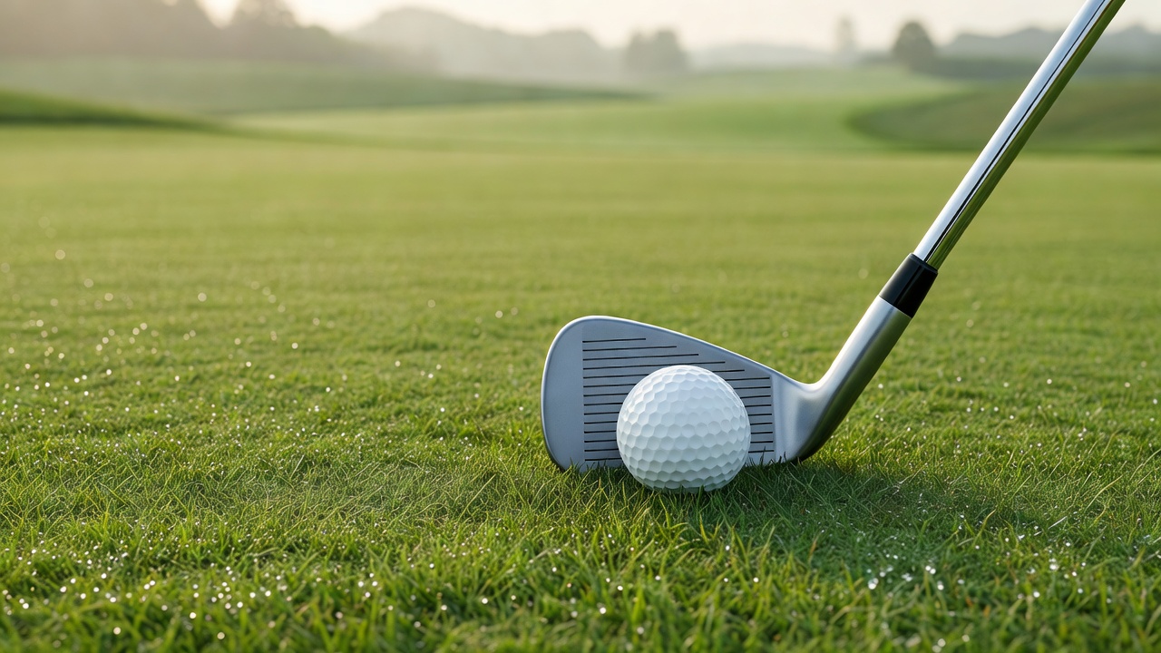 Golf ball and iron on fairway grass