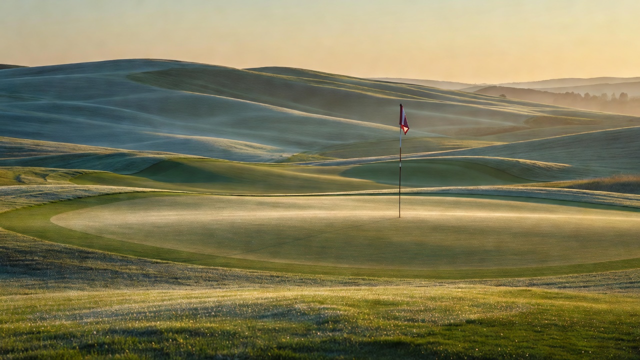 Stylized Kentucky golf fairway and flag at sunset